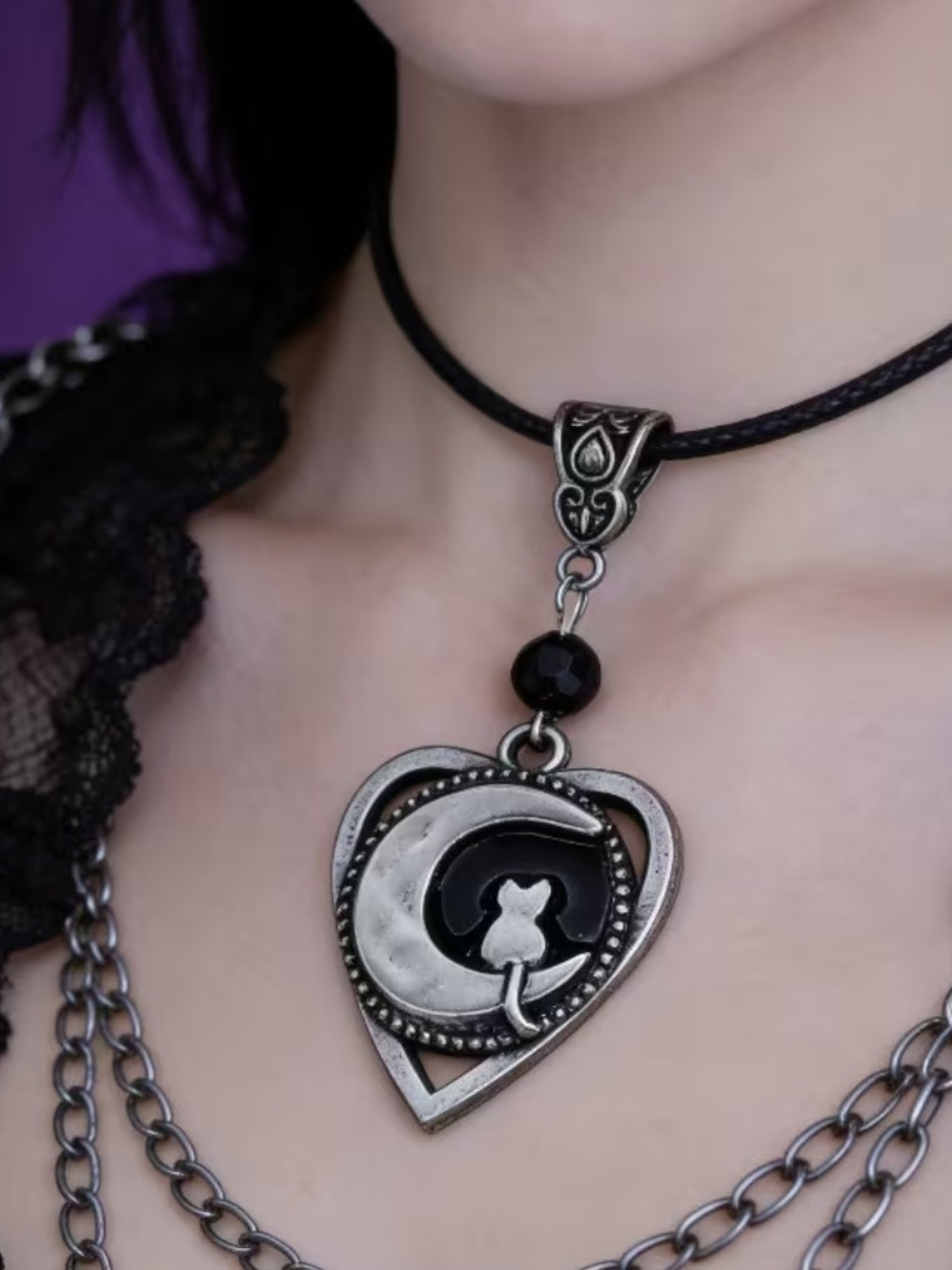 Silver-Tone Heart & Cat Pendant Necklace in Black